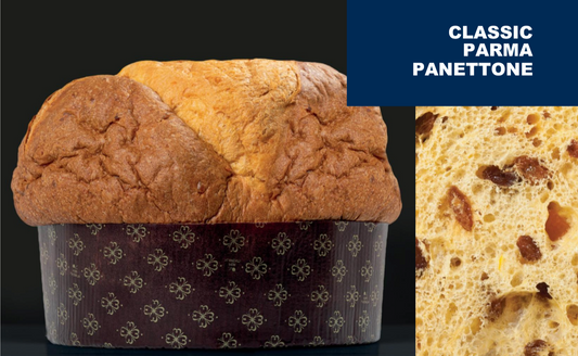 Panettone with a close-up of the bread showing raisins on a black background.